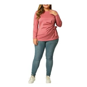 Agnes Orinda Women's Plus Size Solid Tie Waist Long Sleeve Blouse